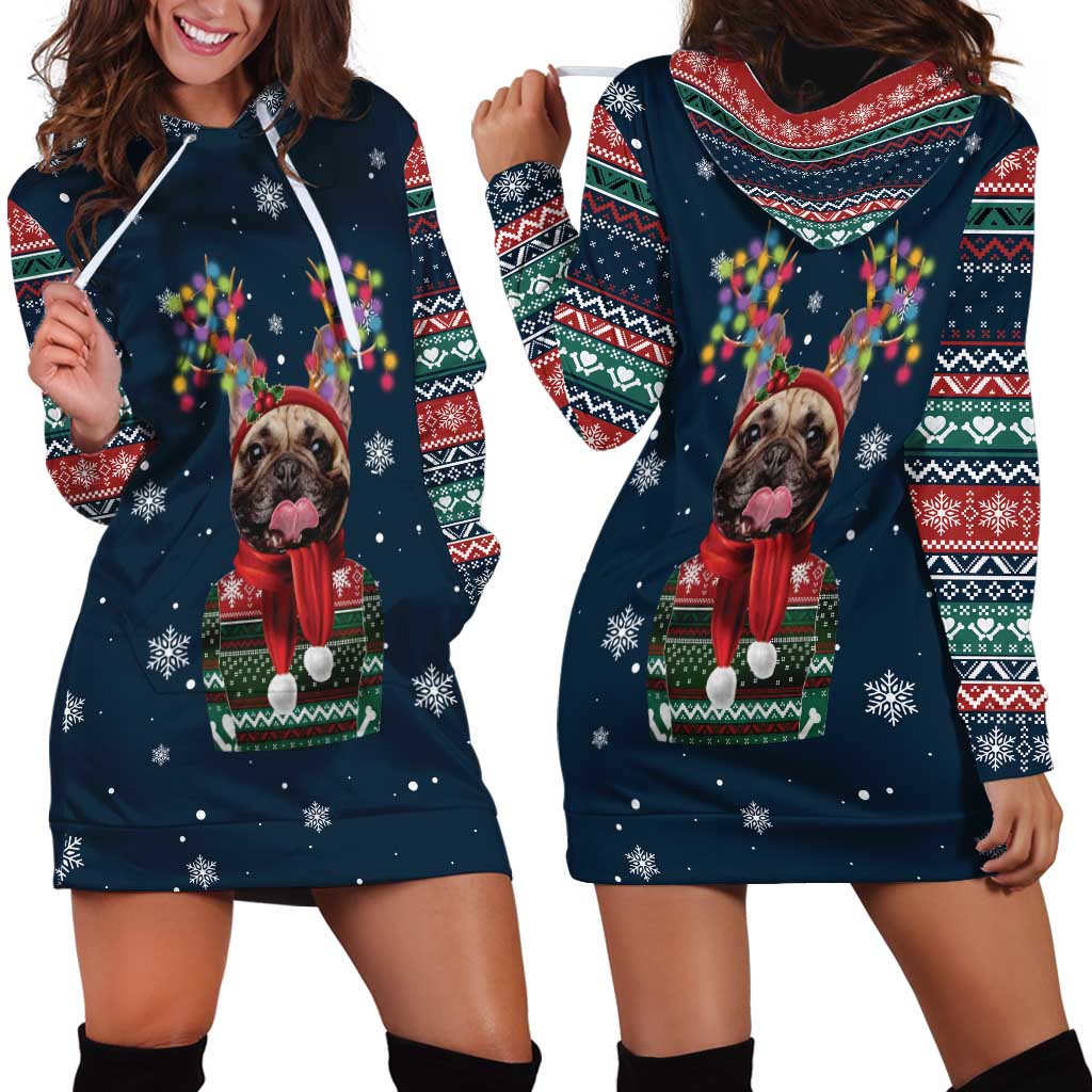 French Bulldog Reindeer Antlers Lights Hoodie Dress with Red Green Winter Pattern Design - Wonder Print Shop