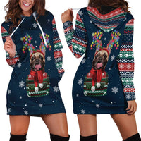 French Bulldog Reindeer Antlers Lights Hoodie Dress with Red Green Winter Pattern Design - Wonder Print Shop