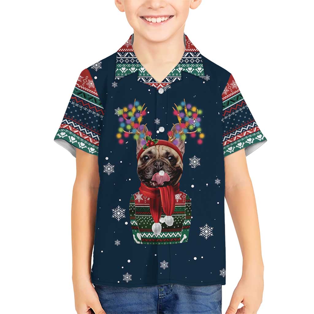 French Bulldog Reindeer Antlers Lights Kid Hawaiian Shirt with Red Green Winter Pattern Design - Wonder Print Shop