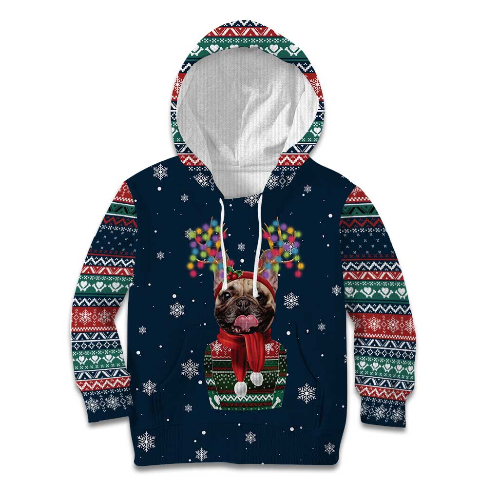 French Bulldog Reindeer Antlers Lights Kid Hoodie with Red Green Winter Pattern Design - Wonder Print Shop