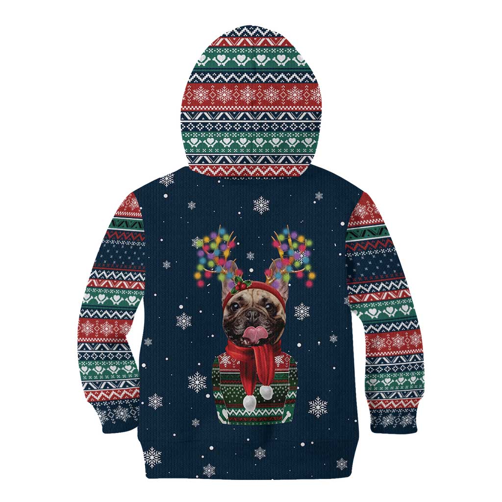 French Bulldog Reindeer Antlers Lights Kid Hoodie with Red Green Winter Pattern Design - Wonder Print Shop