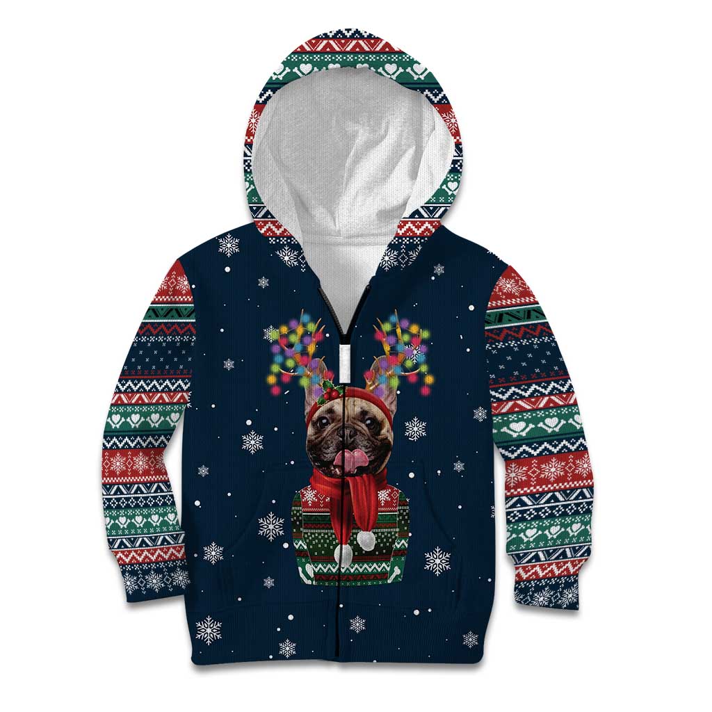 French Bulldog Reindeer Antlers Lights Kid Hoodie with Red Green Winter Pattern Design - Wonder Print Shop