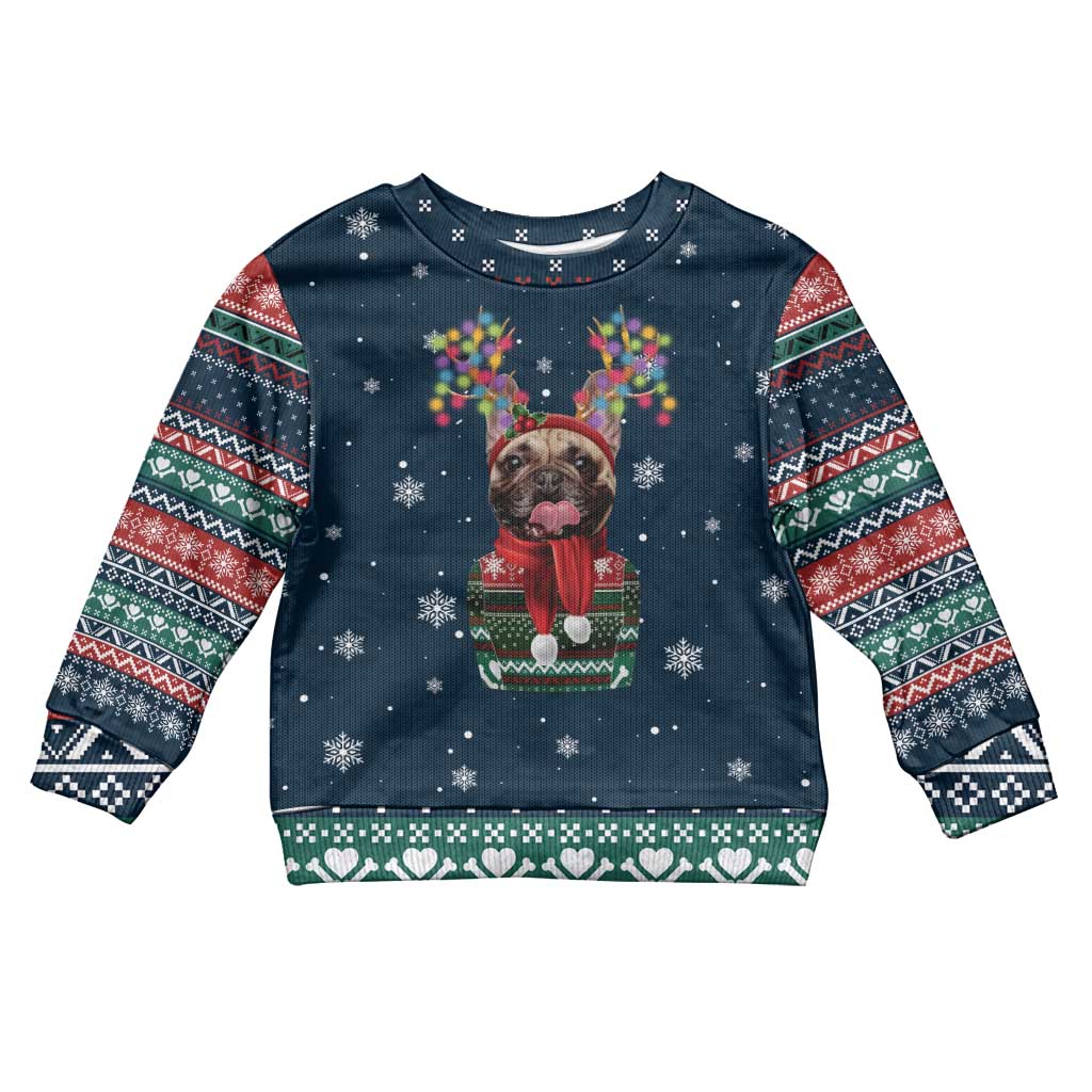 French Bulldog Reindeer Antlers Lights Kid Ugly Christmas Sweater with Red Green Winter Pattern Design - Wonder Print Shop