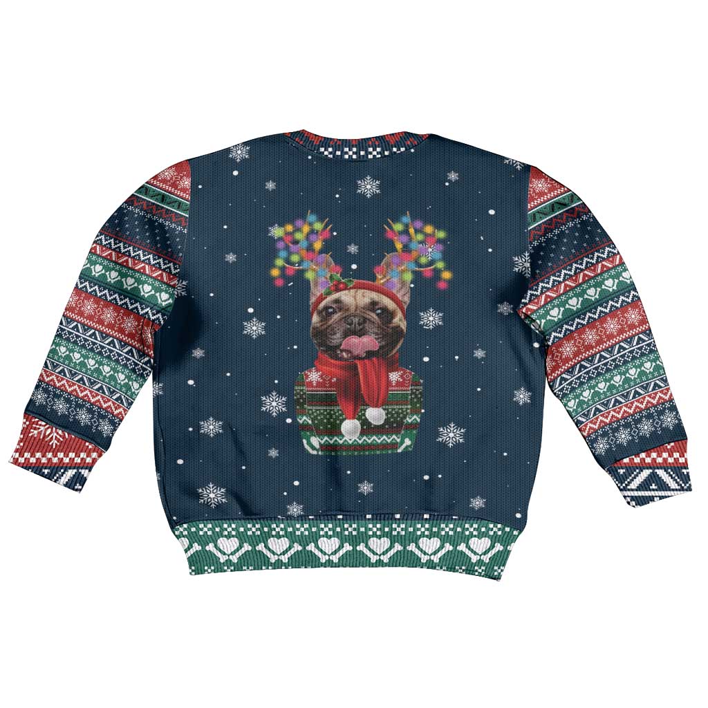 French Bulldog Reindeer Antlers Lights Kid Ugly Christmas Sweater with Red Green Winter Pattern Design - Wonder Print Shop