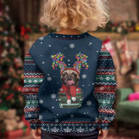 French Bulldog Reindeer Antlers Lights Kid Ugly Christmas Sweater with Red Green Winter Pattern Design - Wonder Print Shop
