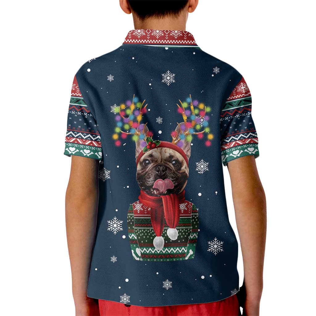 French Bulldog Reindeer Antlers Lights Kid Polo Shirt with Red Green Winter Pattern Design - Wonder Print Shop