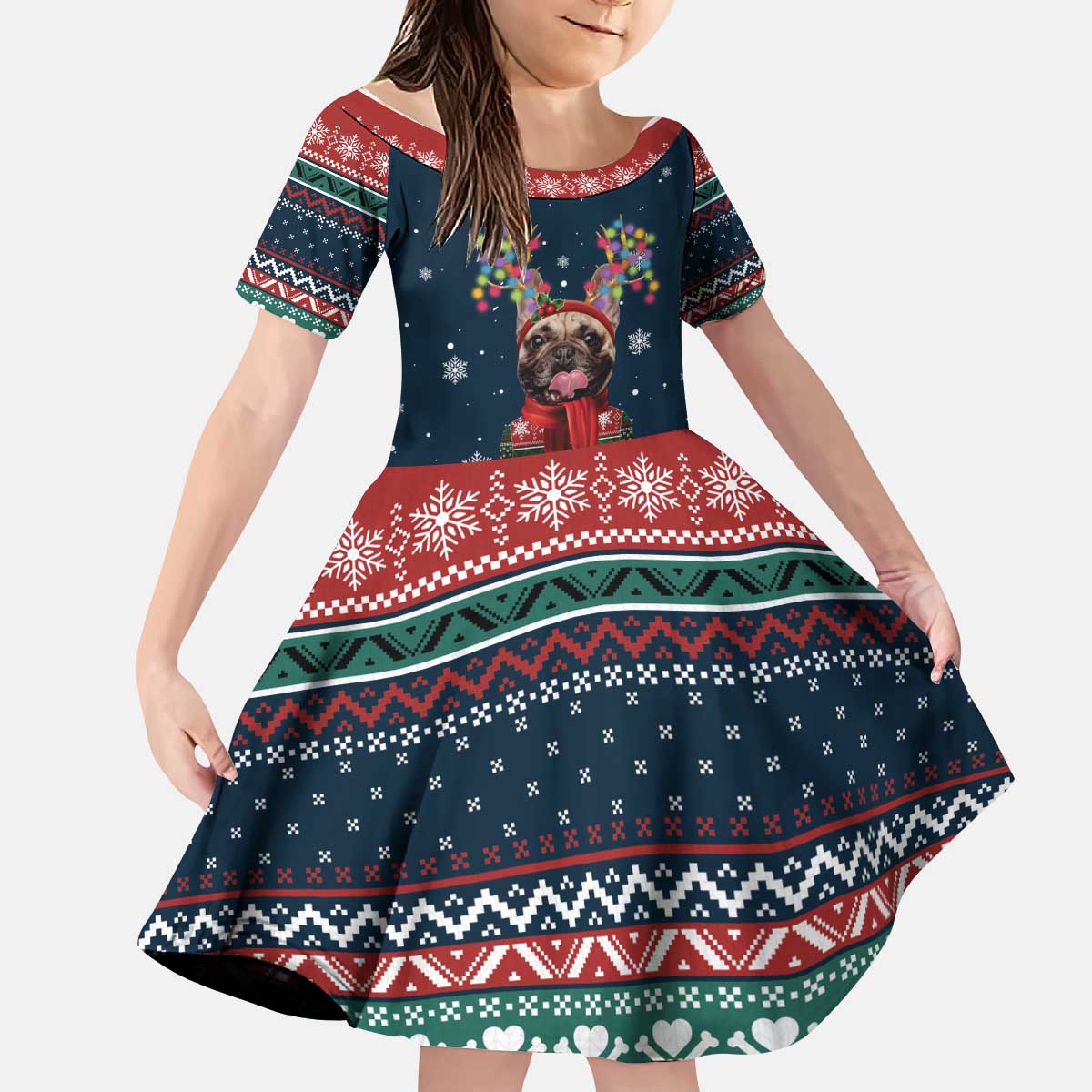 French Bulldog Reindeer Antlers Lights Kid Short Sleeve Dress with Red Green Winter Pattern Design - Wonder Print Shop