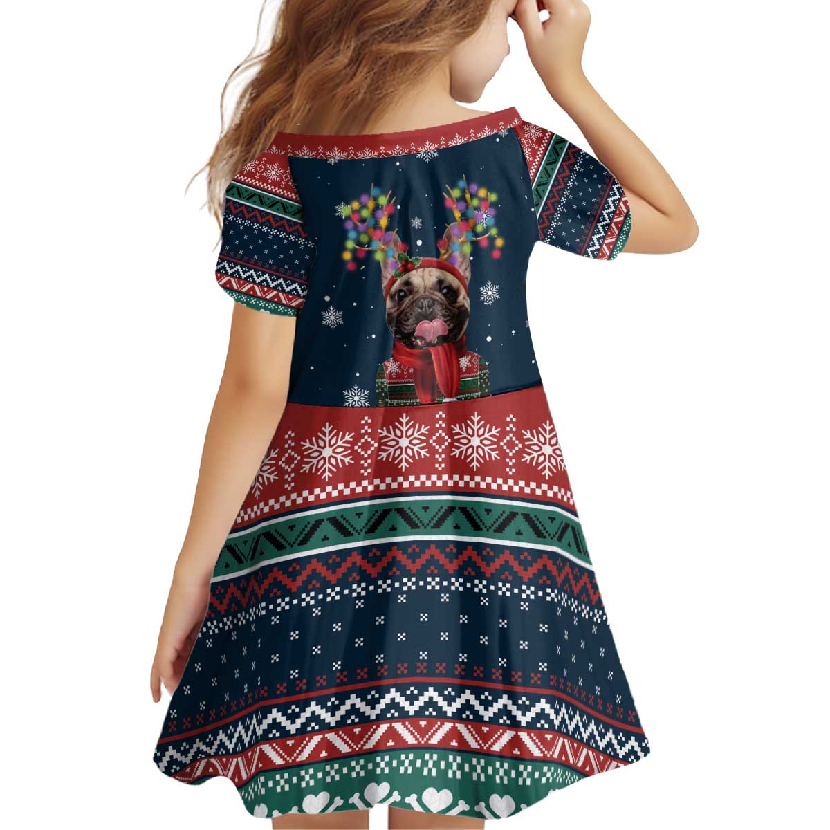 French Bulldog Reindeer Antlers Lights Kid Short Sleeve Dress with Red Green Winter Pattern Design - Wonder Print Shop