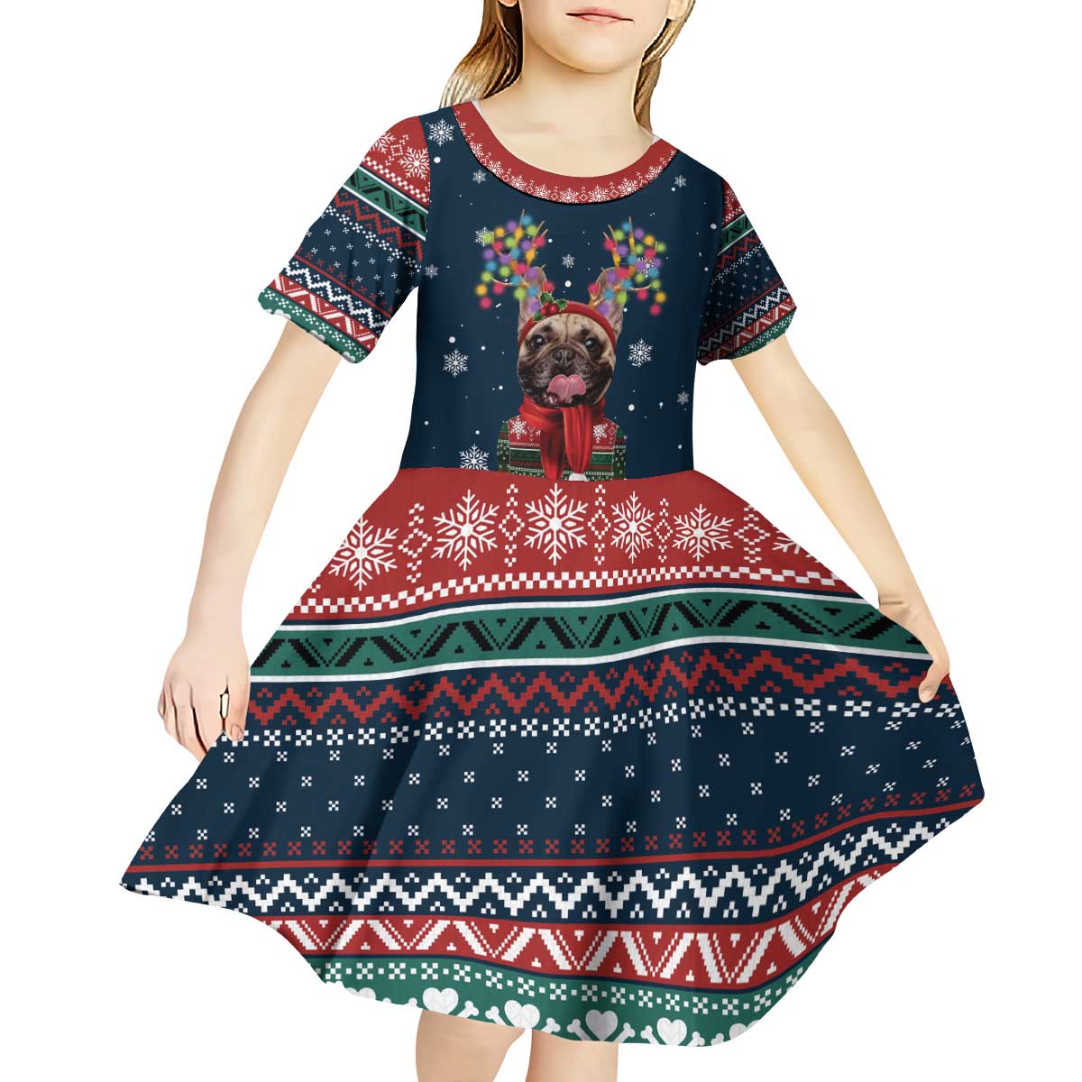 French Bulldog Reindeer Antlers Lights Kid Short Sleeve Dress with Red Green Winter Pattern Design - Wonder Print Shop