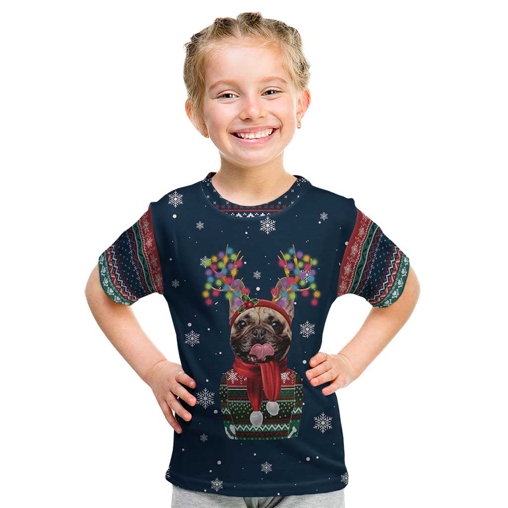 French Bulldog Reindeer Antlers Lights Kid T Shirt with Red Green Winter Pattern Design - Wonder Print Shop