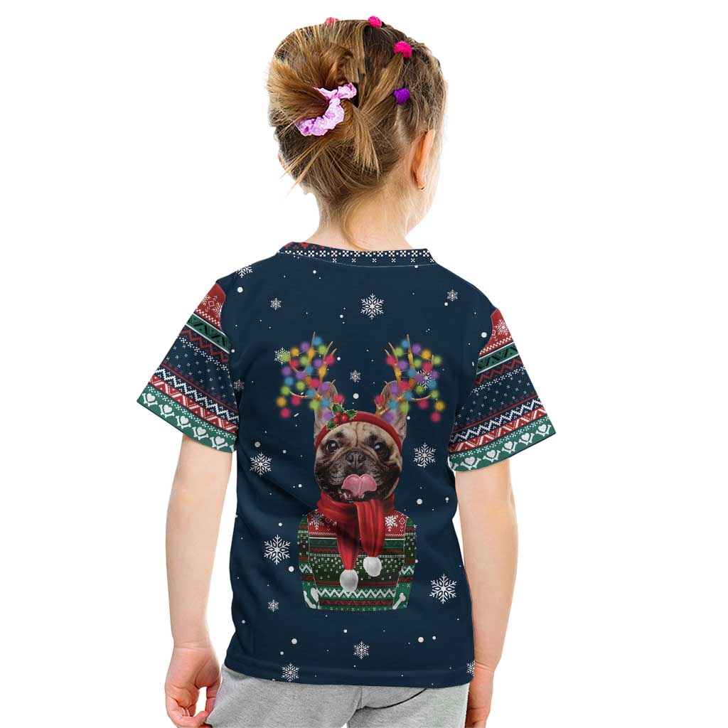 French Bulldog Reindeer Antlers Lights Kid T Shirt with Red Green Winter Pattern Design - Wonder Print Shop