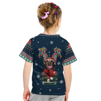 French Bulldog Reindeer Antlers Lights Kid T Shirt with Red Green Winter Pattern Design - Wonder Print Shop