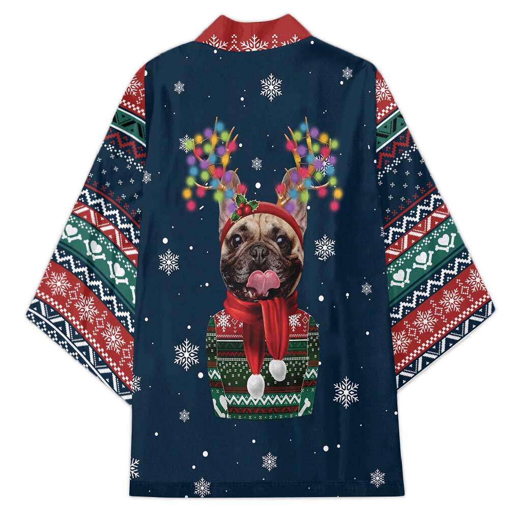 French Bulldog Reindeer Antlers Lights Kimono with Red Green Winter Pattern Design - Wonder Print Shop