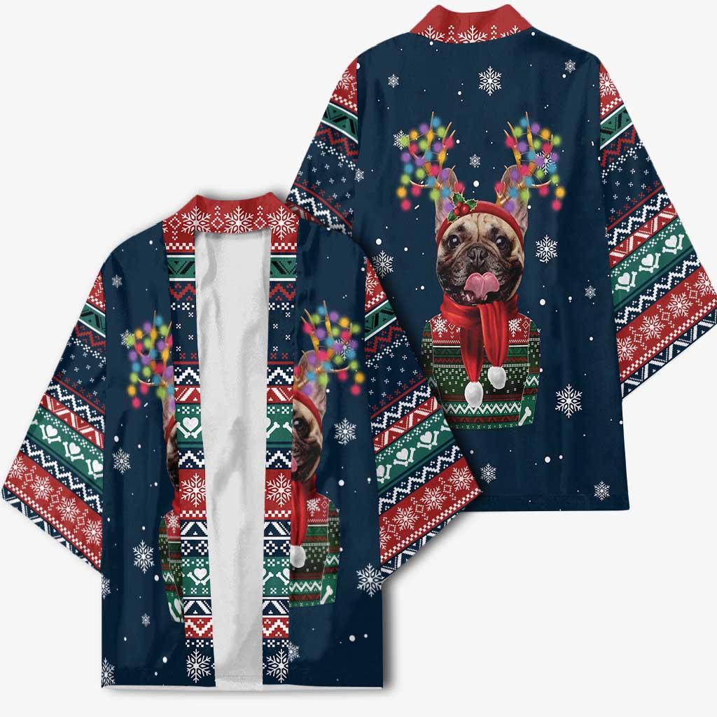 French Bulldog Reindeer Antlers Lights Kimono with Red Green Winter Pattern Design - Wonder Print Shop