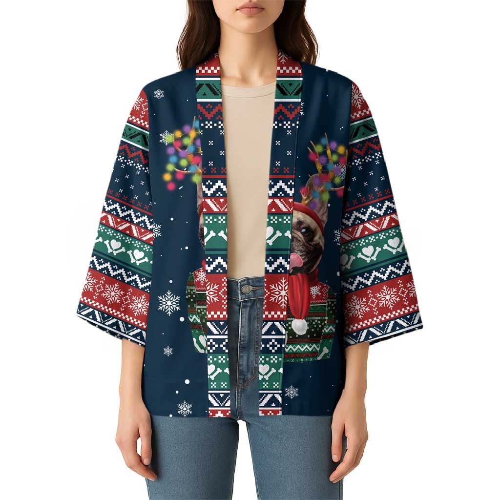 French Bulldog Reindeer Antlers Lights Kimono with Red Green Winter Pattern Design - Wonder Print Shop