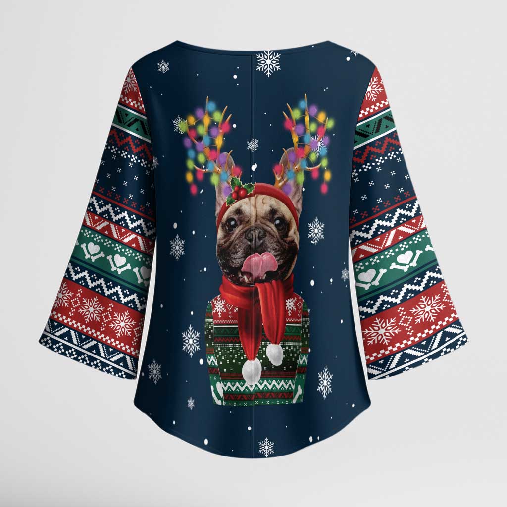 French Bulldog Reindeer Antlers Lights Kimono Sleeve Blouse with Red Green Winter Pattern Design - Wonder Print Shop