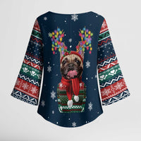 French Bulldog Reindeer Antlers Lights Kimono Sleeve Blouse with Red Green Winter Pattern Design - Wonder Print Shop