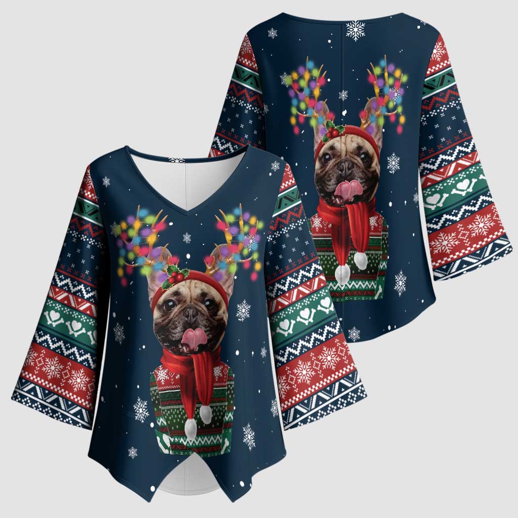 French Bulldog Reindeer Antlers Lights Kimono Sleeve Blouse with Red Green Winter Pattern Design - Wonder Print Shop