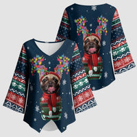 French Bulldog Reindeer Antlers Lights Kimono Sleeve Blouse with Red Green Winter Pattern Design - Wonder Print Shop