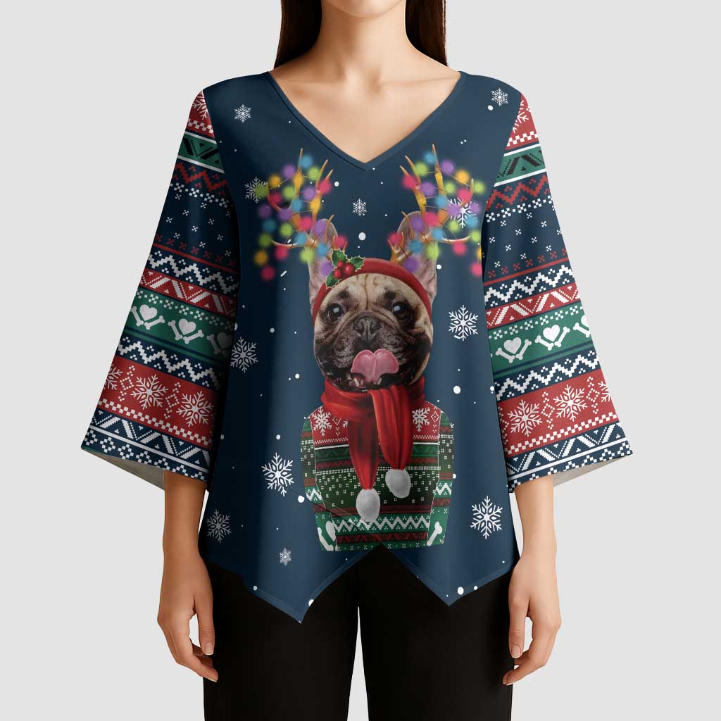 French Bulldog Reindeer Antlers Lights Kimono Sleeve Blouse with Red Green Winter Pattern Design - Wonder Print Shop