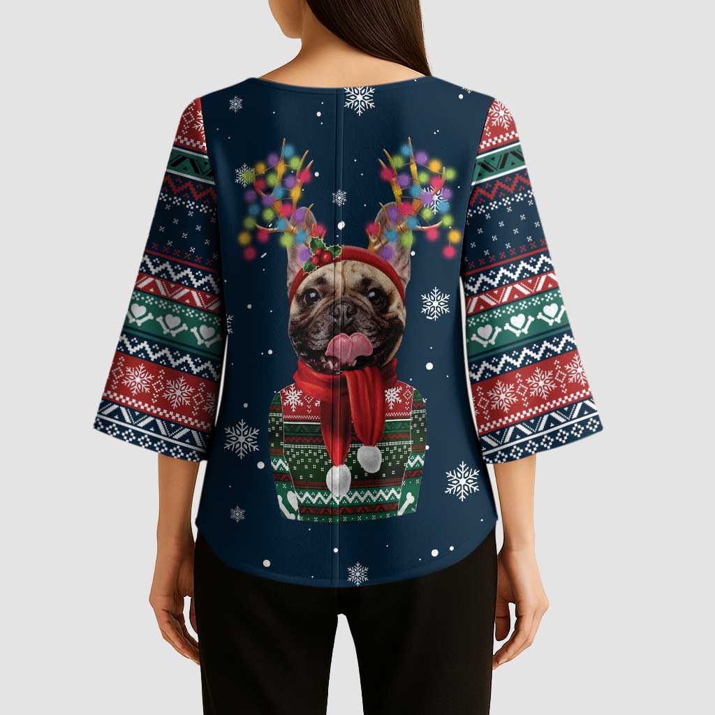 French Bulldog Reindeer Antlers Lights Kimono Sleeve Blouse with Red Green Winter Pattern Design - Wonder Print Shop