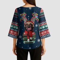 French Bulldog Reindeer Antlers Lights Kimono Sleeve Blouse with Red Green Winter Pattern Design - Wonder Print Shop