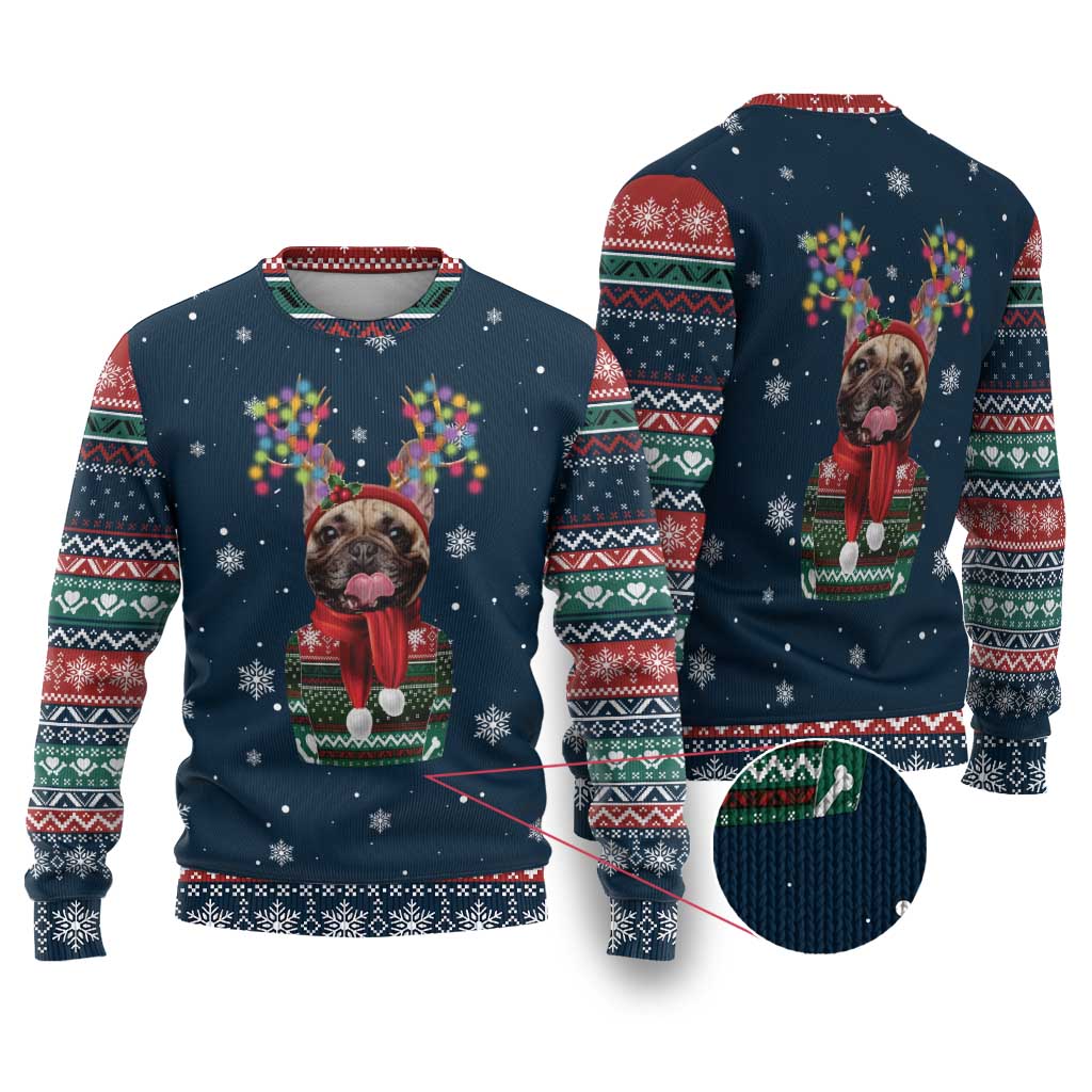 French Bulldog Reindeer Antlers Lights Ugly Christmas Sweater with Red Green Winter Pattern Design - Wonder Print Shop