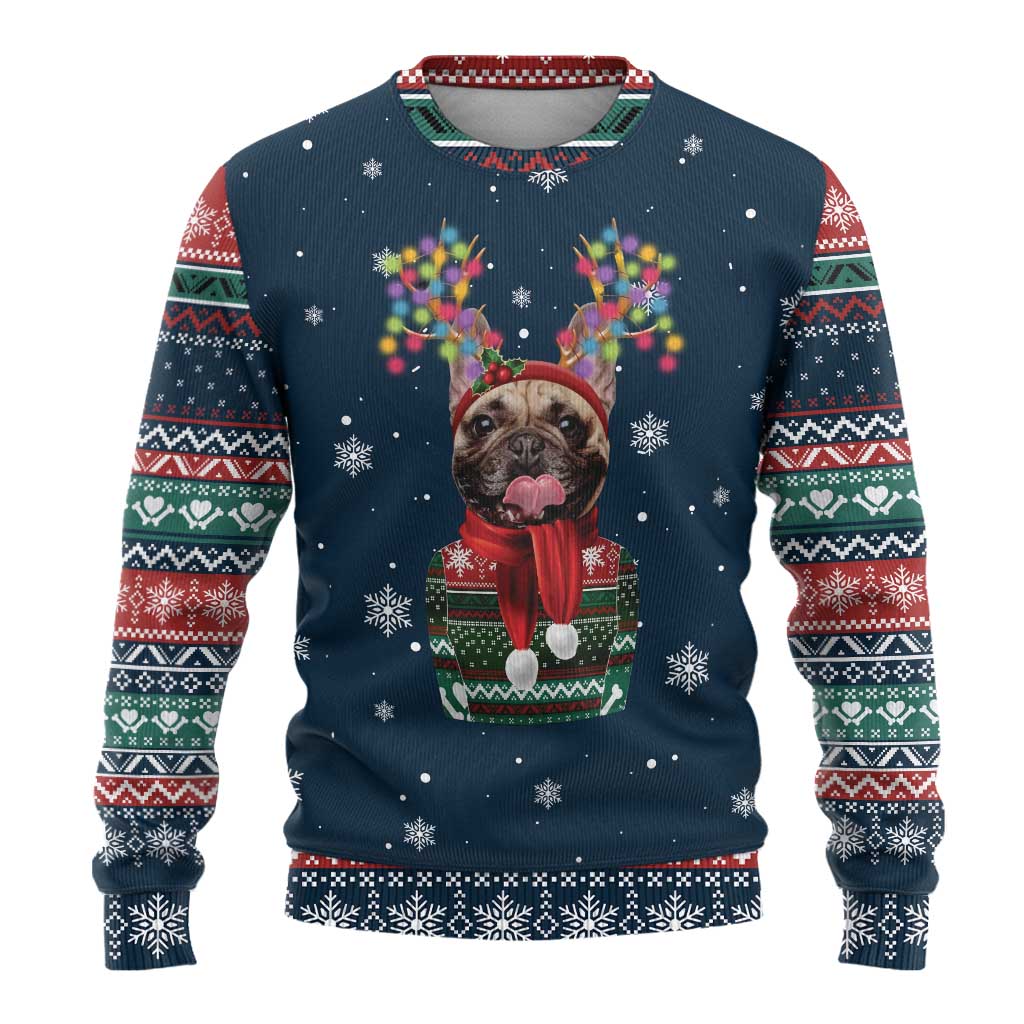 French Bulldog Reindeer Antlers Lights Ugly Christmas Sweater with Red Green Winter Pattern Design - Wonder Print Shop