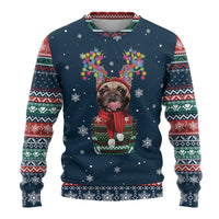 French Bulldog Reindeer Antlers Lights Ugly Christmas Sweater with Red Green Winter Pattern Design - Wonder Print Shop