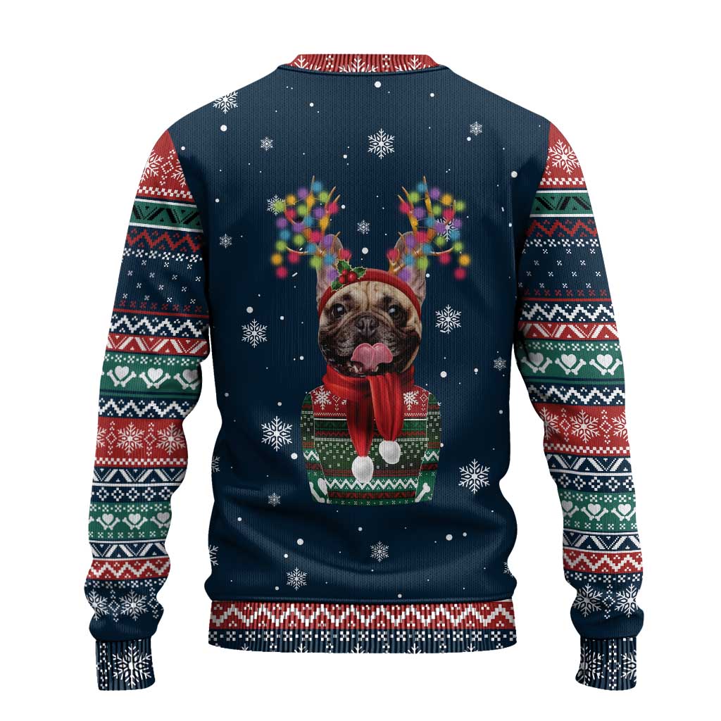 French Bulldog Reindeer Antlers Lights Ugly Christmas Sweater with Red Green Winter Pattern Design - Wonder Print Shop
