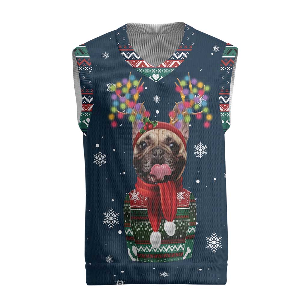 French Bulldog Reindeer Antlers Lights Christmas Knitted V-Neck Vest with Red Green Winter Pattern Design - Wonder Print Shop