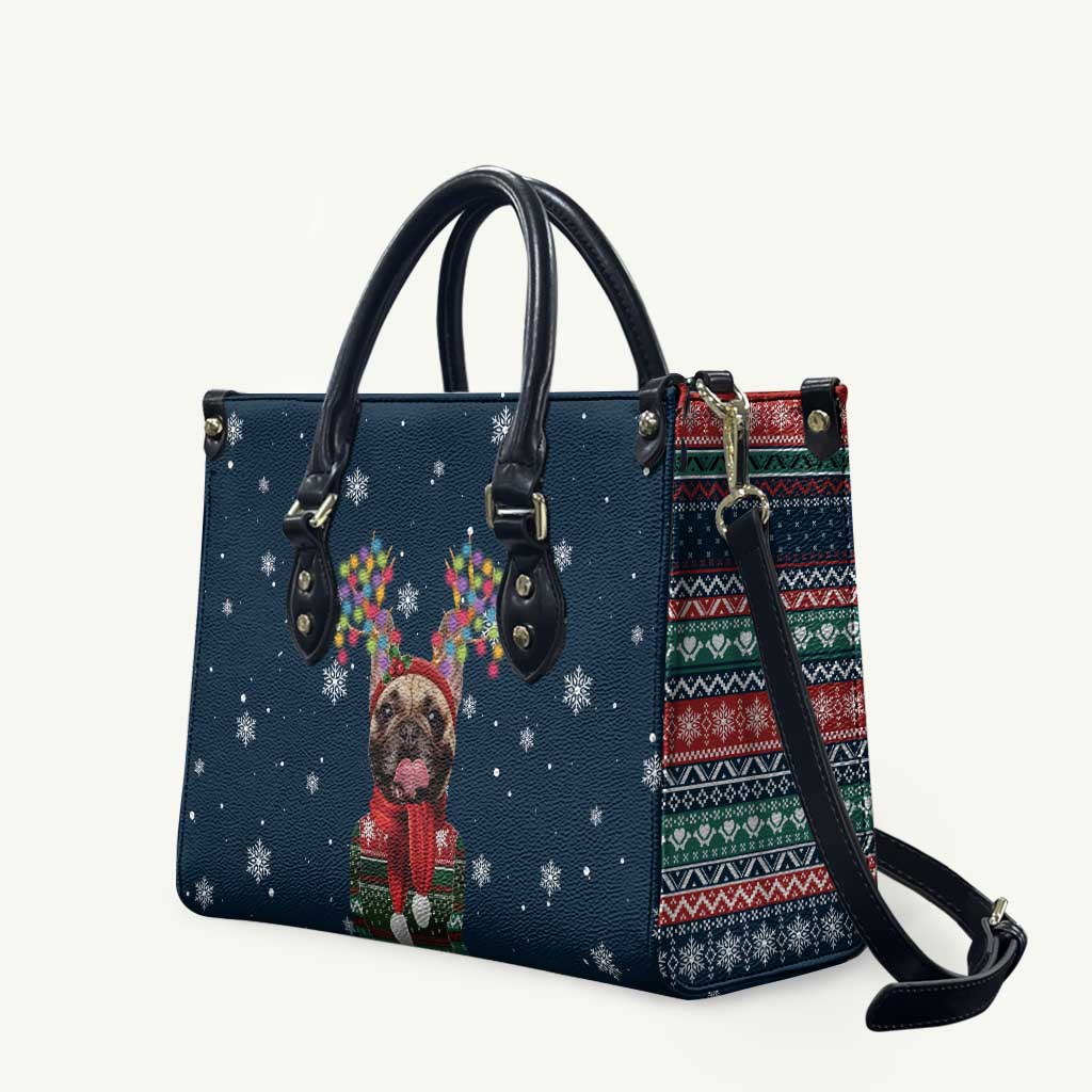 French Bulldog Reindeer Antlers Lights Leather Bag with Red Green Winter Pattern Design - Wonder Print Shop