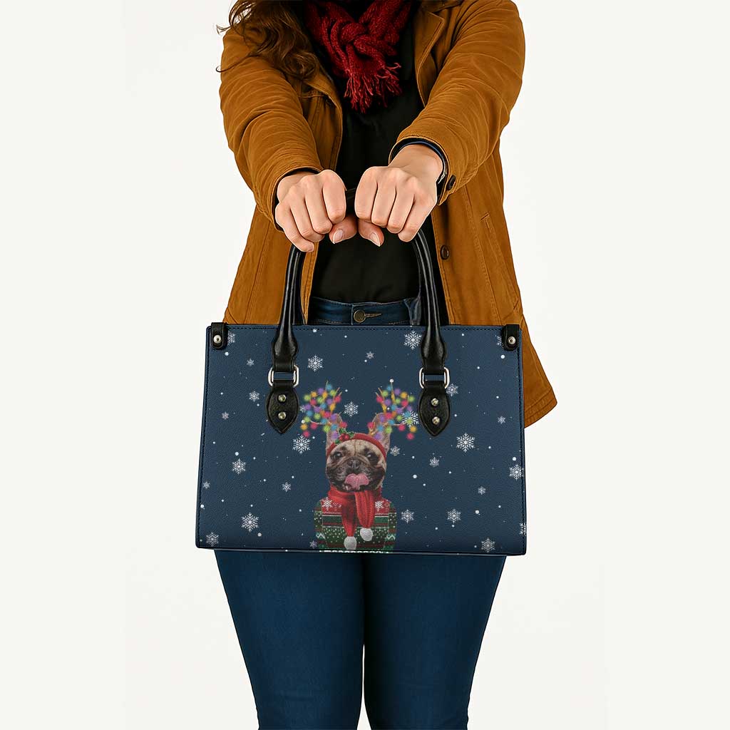 French Bulldog Reindeer Antlers Lights Leather Bag with Red Green Winter Pattern Design - Wonder Print Shop