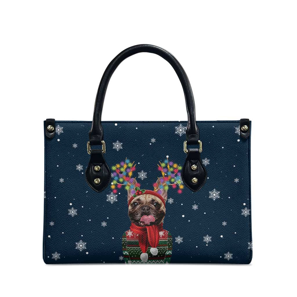 French Bulldog Reindeer Antlers Lights Leather Bag with Red Green Winter Pattern Design - Wonder Print Shop