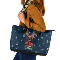 French Bulldog Reindeer Antlers Lights Leather Tote Bag with Red Green Winter Pattern Design - Wonder Print Shop