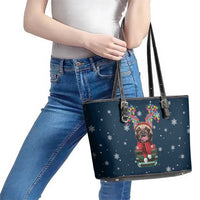 French Bulldog Reindeer Antlers Lights Leather Tote Bag with Red Green Winter Pattern Design - Wonder Print Shop