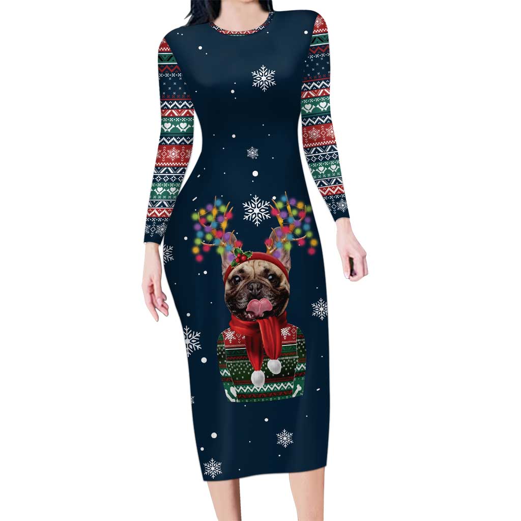 French Bulldog Reindeer Antlers Lights Long Sleeve Bodycon Dress with Red Green Winter Pattern Design - Wonder Print Shop
