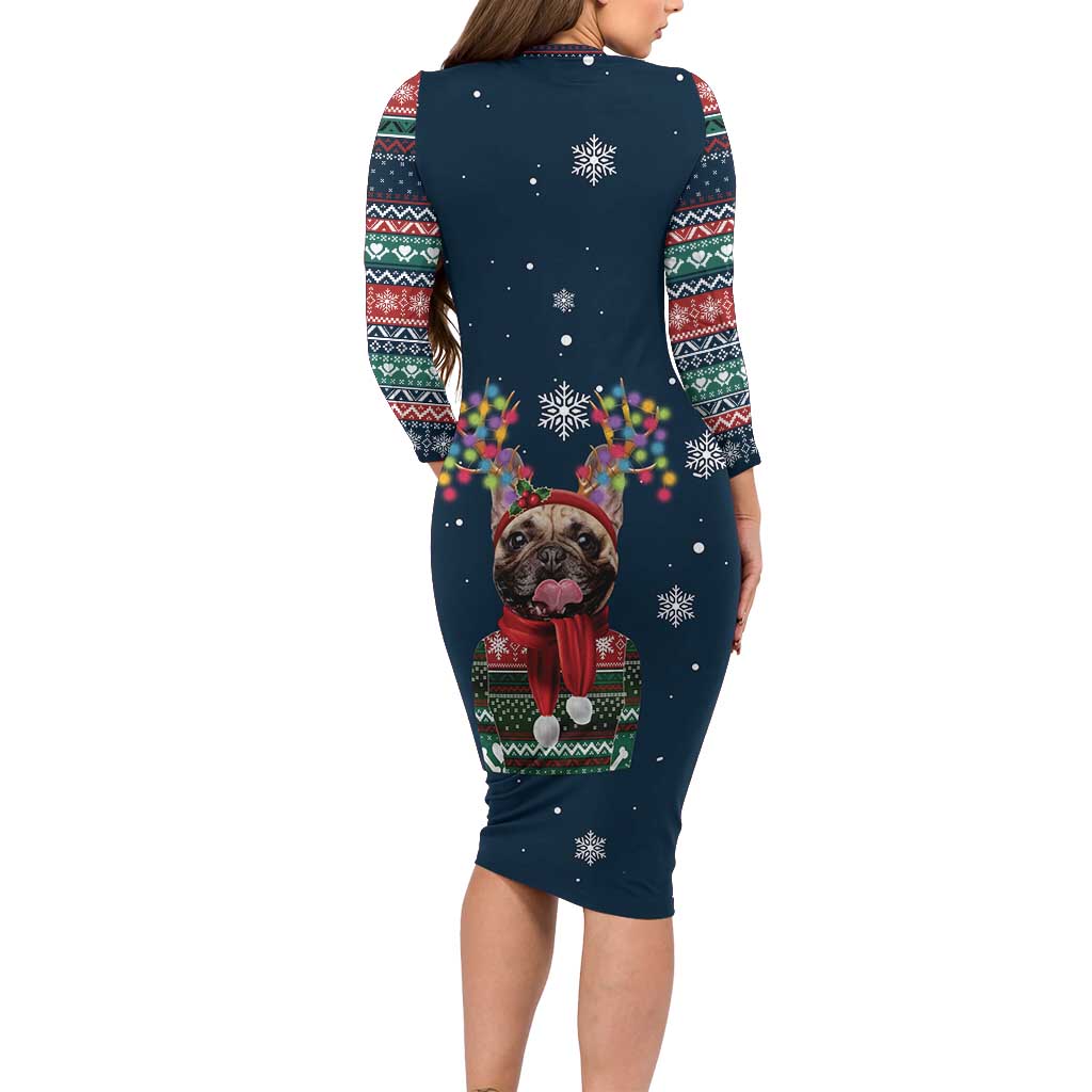 French Bulldog Reindeer Antlers Lights Long Sleeve Bodycon Dress with Red Green Winter Pattern Design - Wonder Print Shop