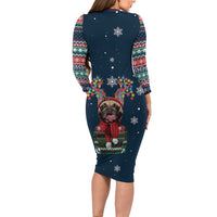 French Bulldog Reindeer Antlers Lights Long Sleeve Bodycon Dress with Red Green Winter Pattern Design - Wonder Print Shop