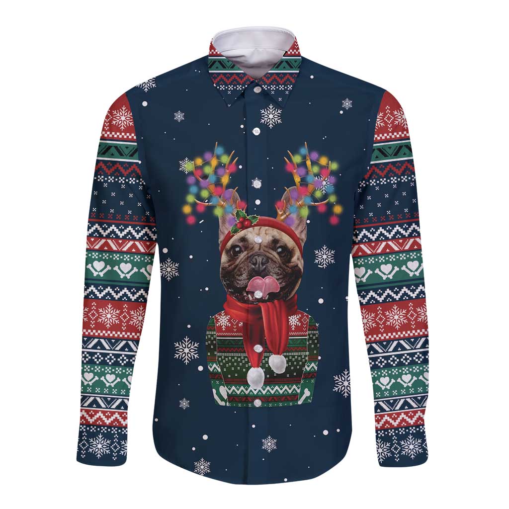 French Bulldog Reindeer Antlers Lights Long Sleeve Button Shirt with Red Green Winter Pattern Design - Wonder Print Shop