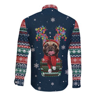 French Bulldog Reindeer Antlers Lights Long Sleeve Button Shirt with Red Green Winter Pattern Design - Wonder Print Shop