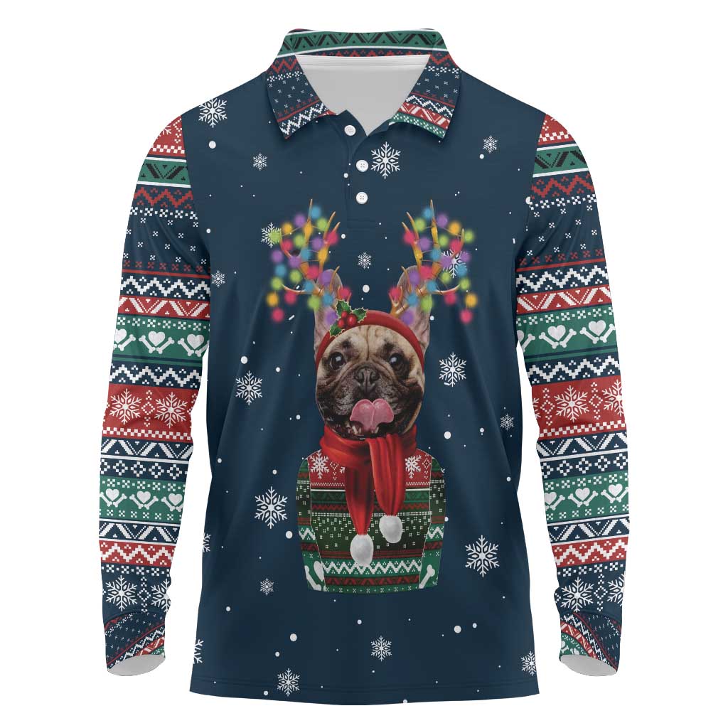 French Bulldog Reindeer Antlers Lights Long Sleeve Polo Shirt with Red Green Winter Pattern Design - Wonder Print Shop