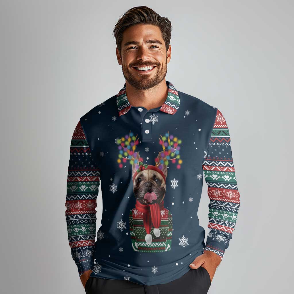 French Bulldog Reindeer Antlers Lights Long Sleeve Polo Shirt with Red Green Winter Pattern Design - Wonder Print Shop