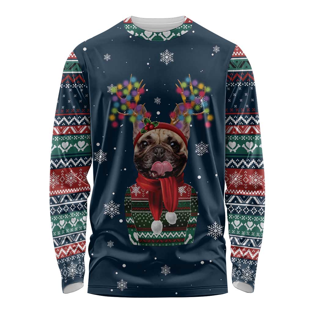 French Bulldog Reindeer Antlers Lights Long Sleeve Shirt with Red Green Winter Pattern Design - Wonder Print Shop