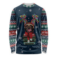 French Bulldog Reindeer Antlers Lights Long Sleeve Shirt with Red Green Winter Pattern Design - Wonder Print Shop