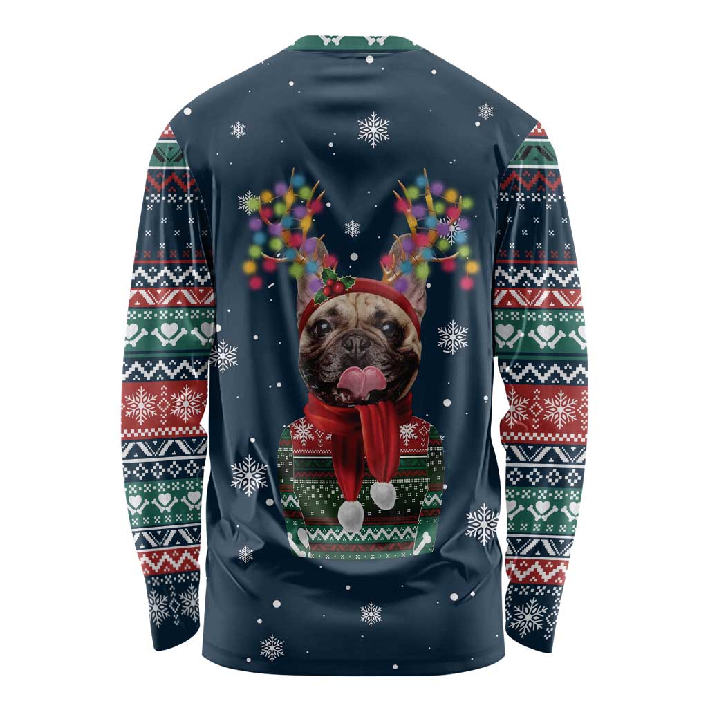 French Bulldog Reindeer Antlers Lights Long Sleeve Shirt with Red Green Winter Pattern Design - Wonder Print Shop