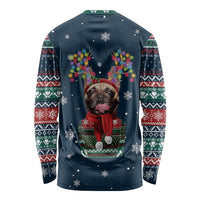 French Bulldog Reindeer Antlers Lights Long Sleeve Shirt with Red Green Winter Pattern Design - Wonder Print Shop