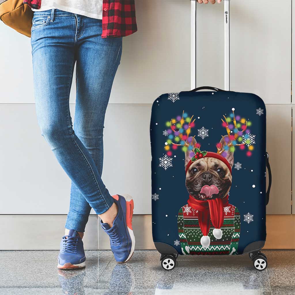 French Bulldog Reindeer Antlers Lights Luggage Cover with Red Green Winter Pattern Design - Wonder Print Shop
