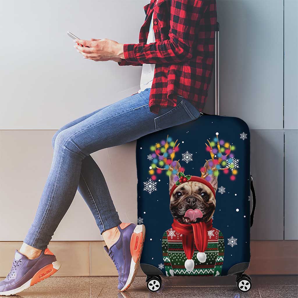 French Bulldog Reindeer Antlers Lights Luggage Cover with Red Green Winter Pattern Design - Wonder Print Shop