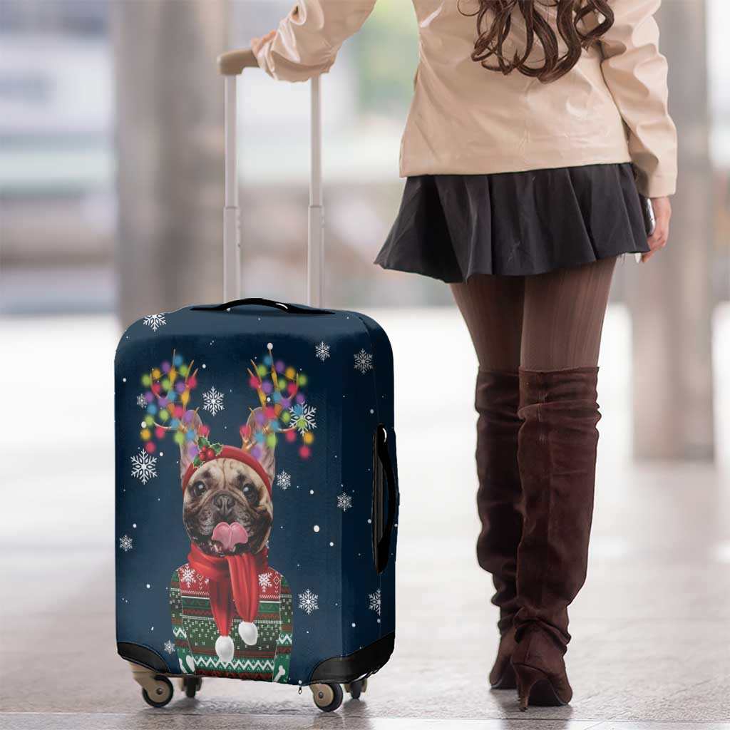 French Bulldog Reindeer Antlers Lights Luggage Cover with Red Green Winter Pattern Design - Wonder Print Shop